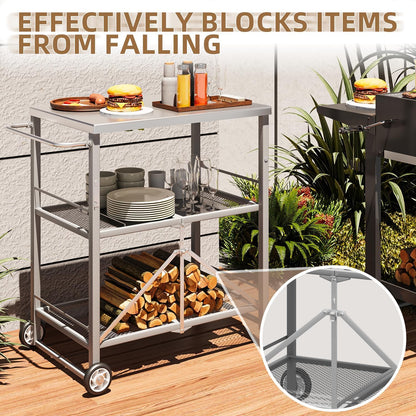 YODOLLA Foldable Stainless Pizza Oven Table,Three-Shelf Garden Food Trolley