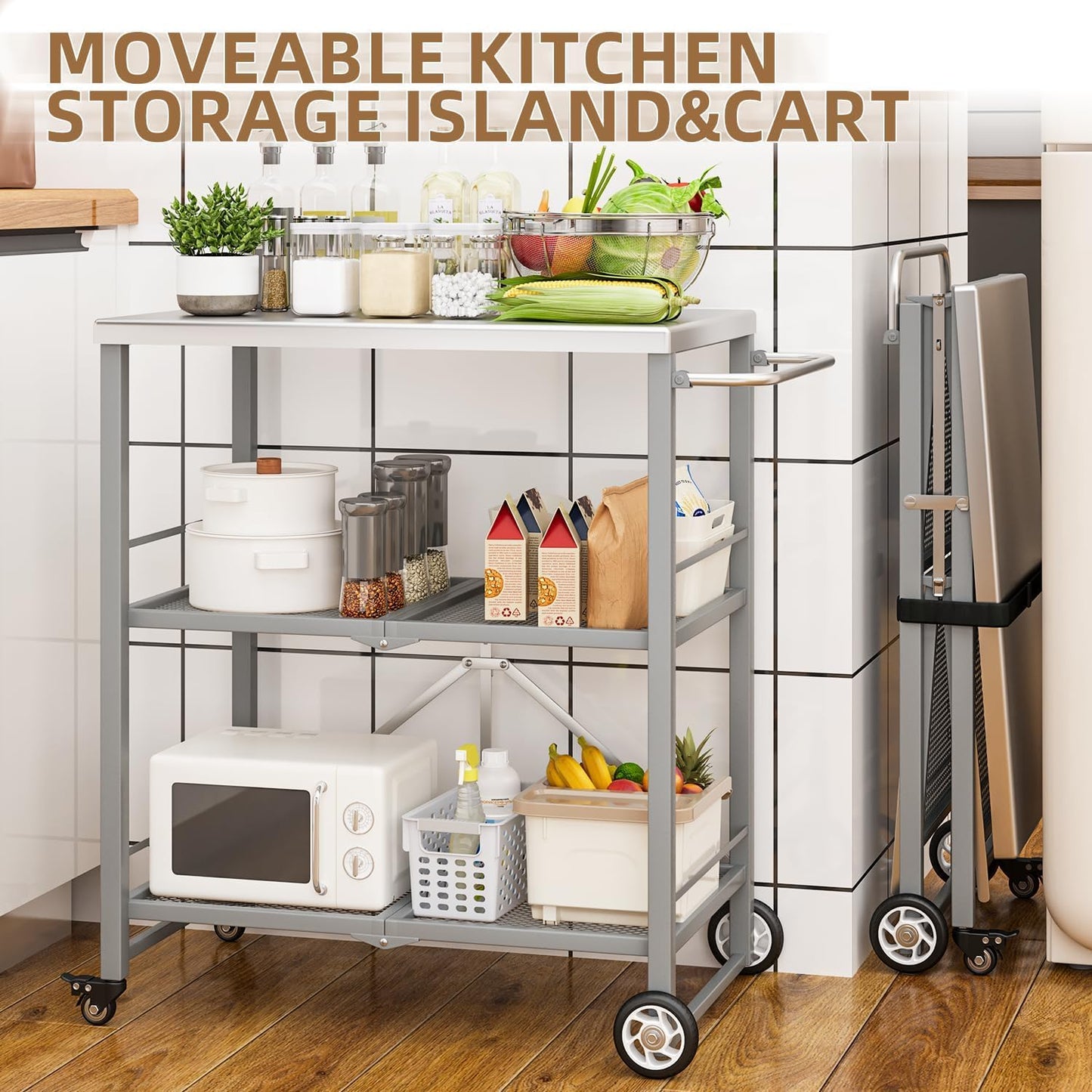 YODOLLA Foldable Stainless Pizza Oven Table,Three-Shelf Garden Food Trolley