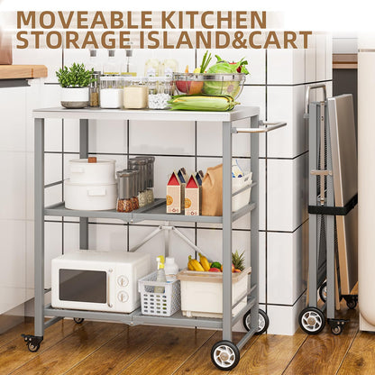 YODOLLA Foldable Stainless Pizza Oven Table,Three-Shelf Garden Food Trolley