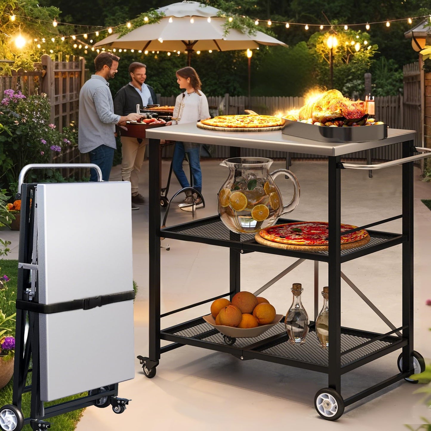 YODOLLA Foldable Stainless Pizza Oven Table,Three-Shelf Garden Food Trolley
