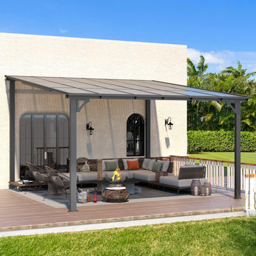 YODOLLA 3.65m x 3.65m Wall-Mounted Aluminium Awning Gazebo, Lean to Pergola