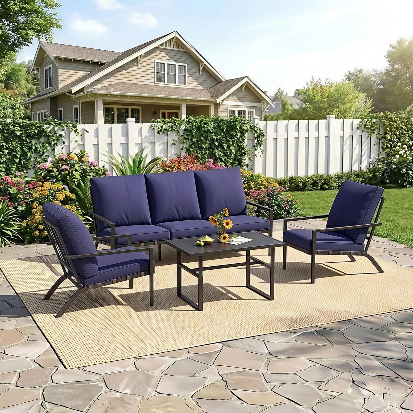 YODOLLA 5 Seater Outdoor Garden Furniture Set, 3-Seater Sofa & 2 Armchairs with Coffee Table