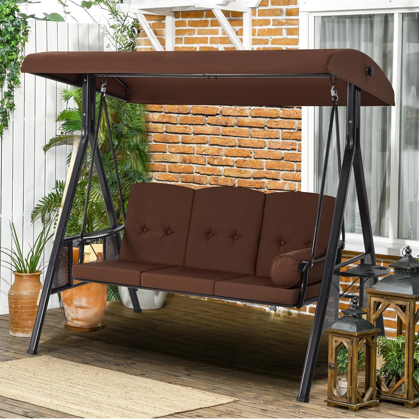 YODOLLA 3-Seat Patio Porch Swing Chair, Brown