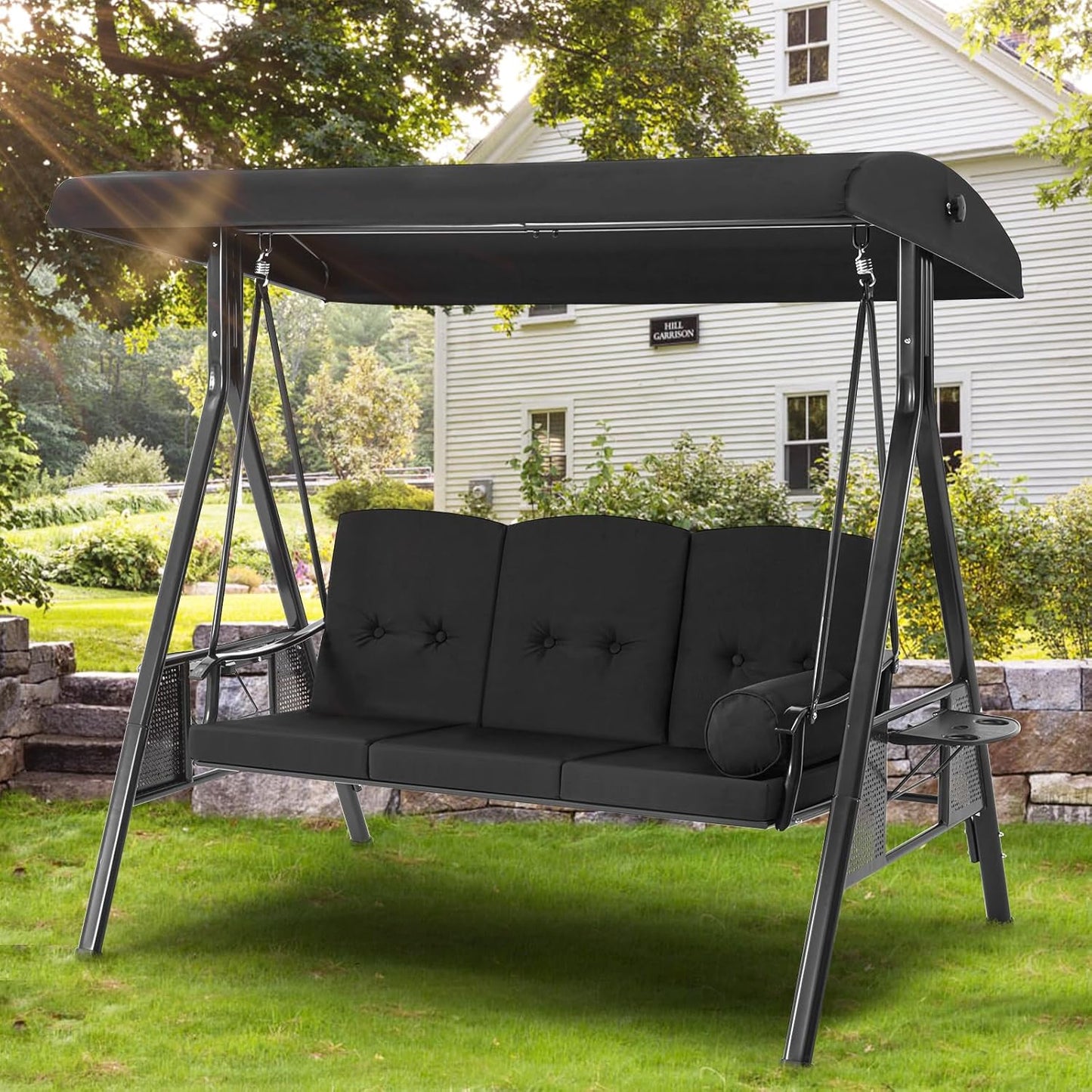 YODOLLA 3 Seater Garden Swing Chair with Adjustable Canopy & Cushions, Black