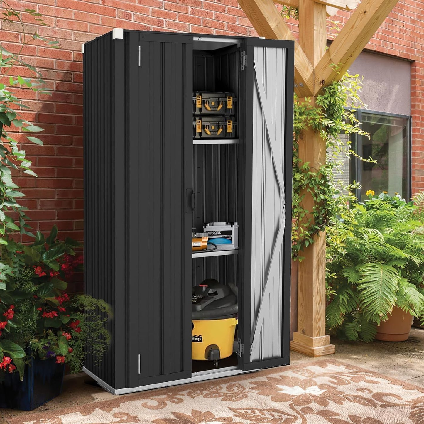 YODOLLA Outdoor Tall Garden Storage Box with 3 Adjustable Shelves