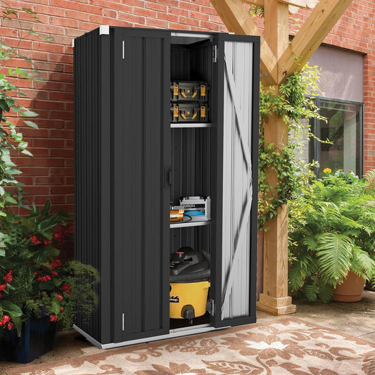 YODOLLA Outdoor Tall Garden Storage Box with 3 Adjustable Shelves