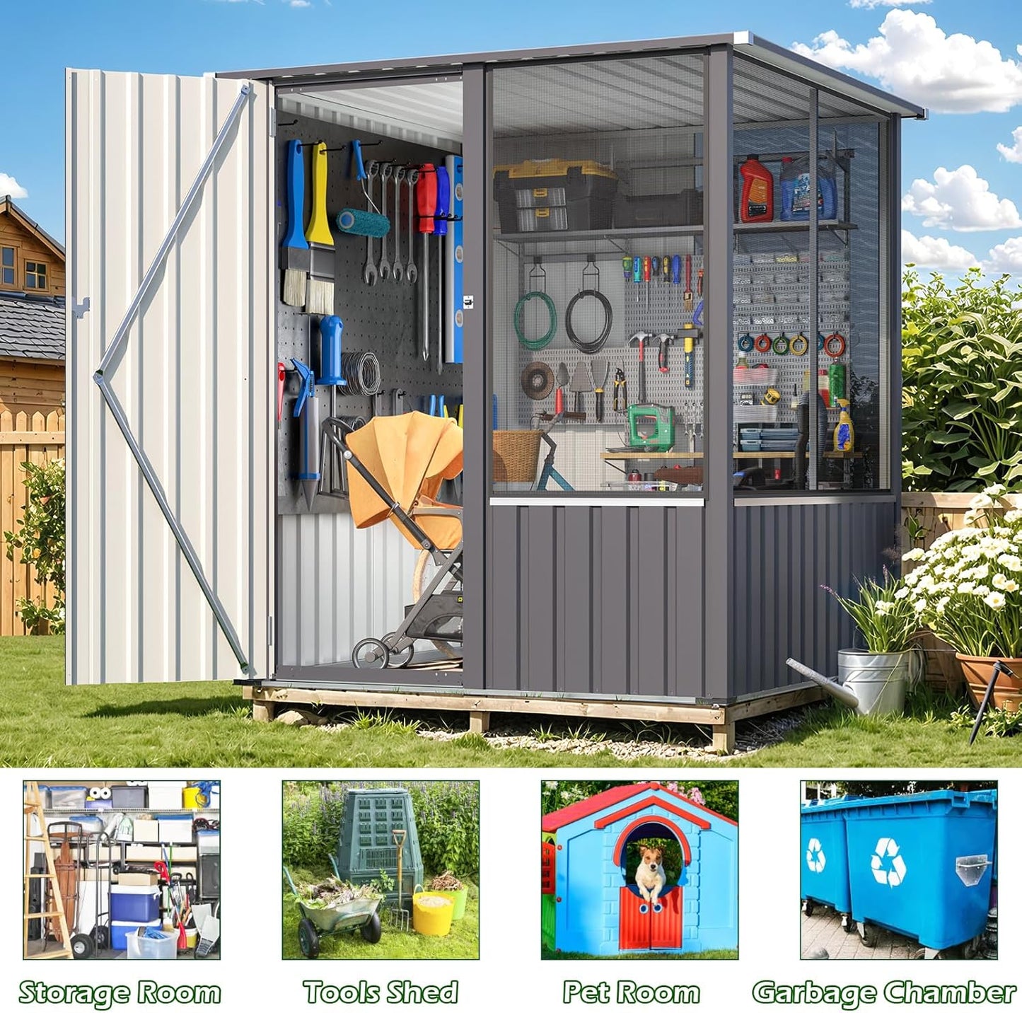 YODOLLA 5x5ft Metal Garden Shed Outdoor Storage with Mesh Window