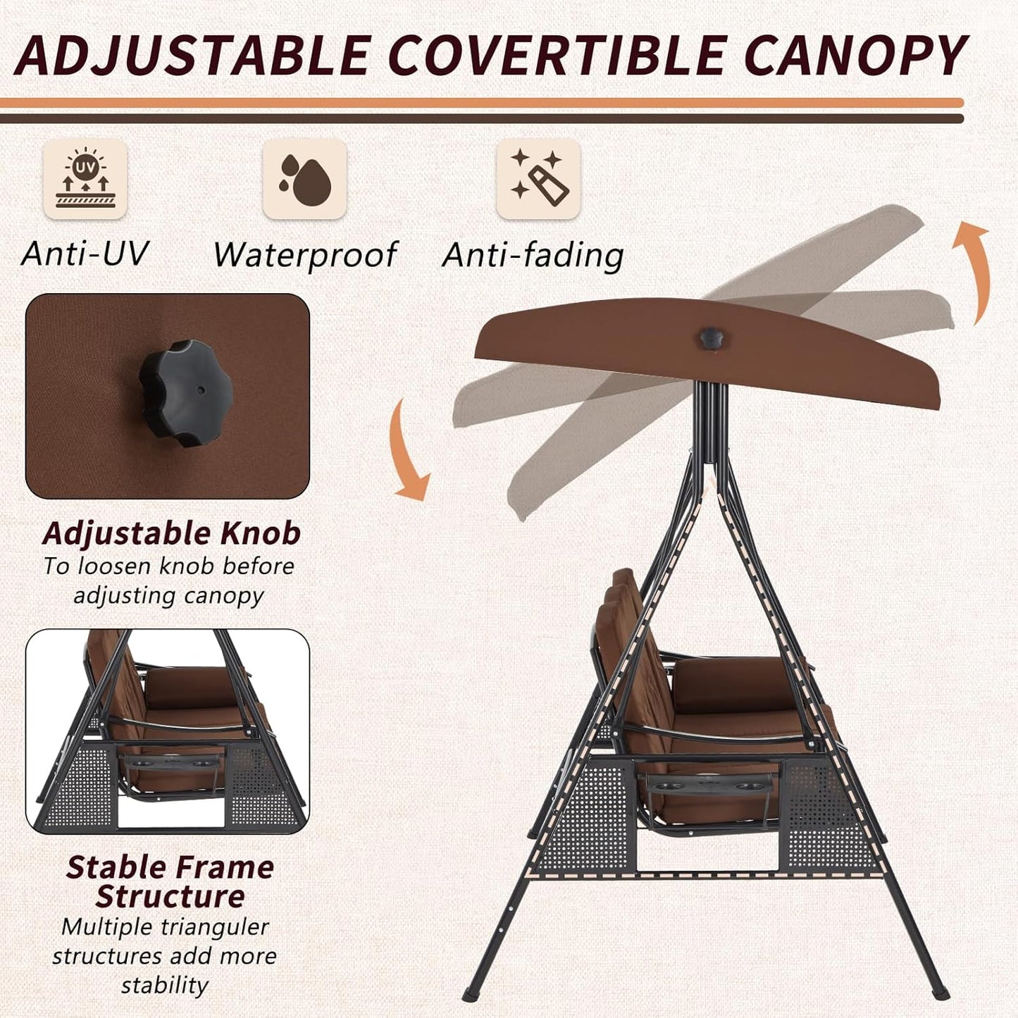 YODOLLA 3-Seat Patio Porch Swing Chair, Brown