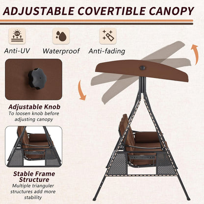 YODOLLA 3-Seat Patio Porch Swing Chair, Brown