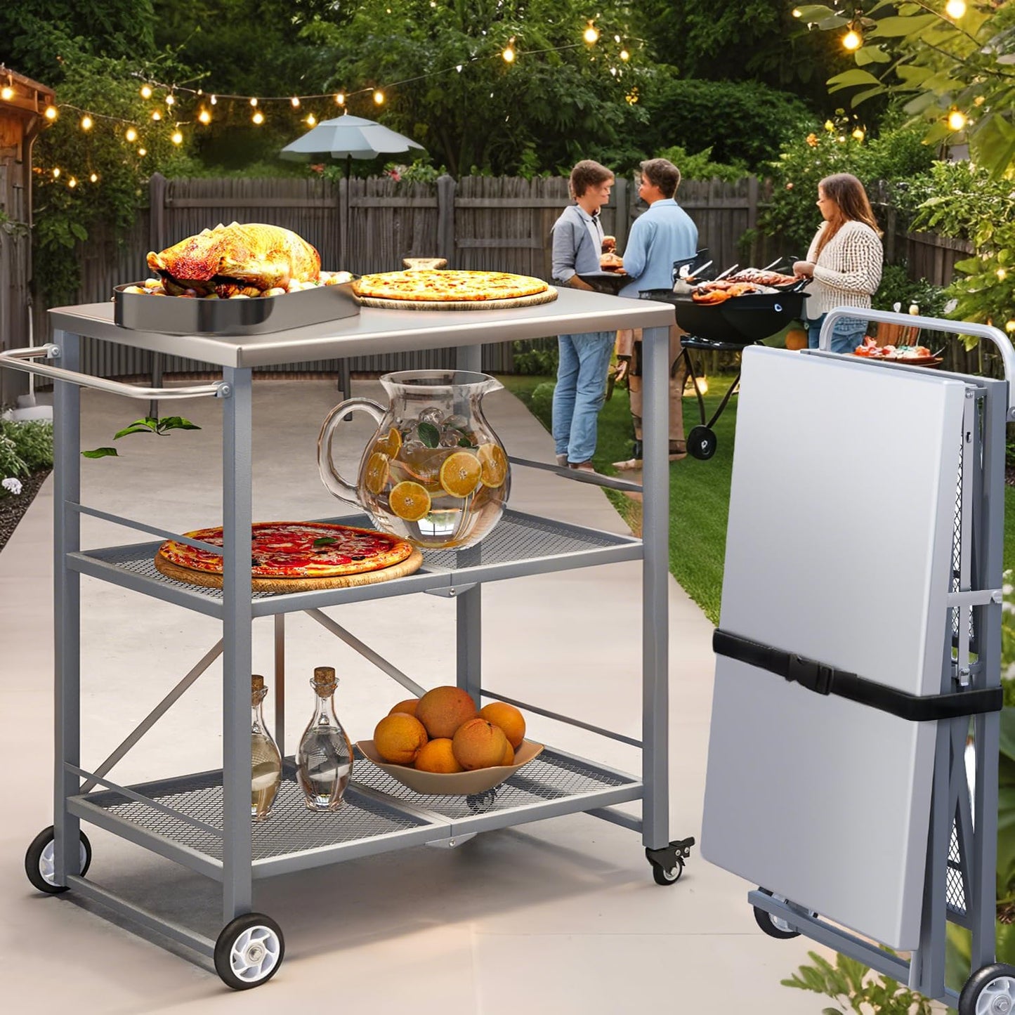 YODOLLA Foldable Stainless Pizza Oven Table,Three-Shelf Garden Food Trolley