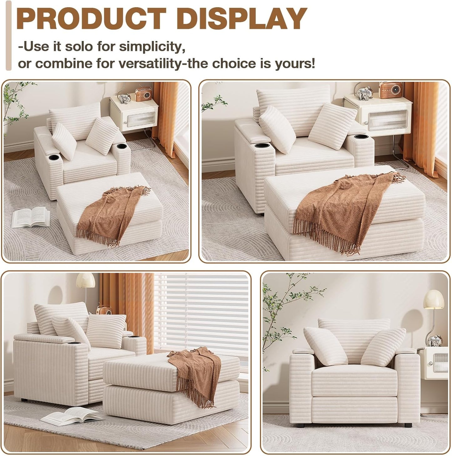 YODOLLA Single Chaise lounge Sofa, Chair Bed with Ottoman, Beige