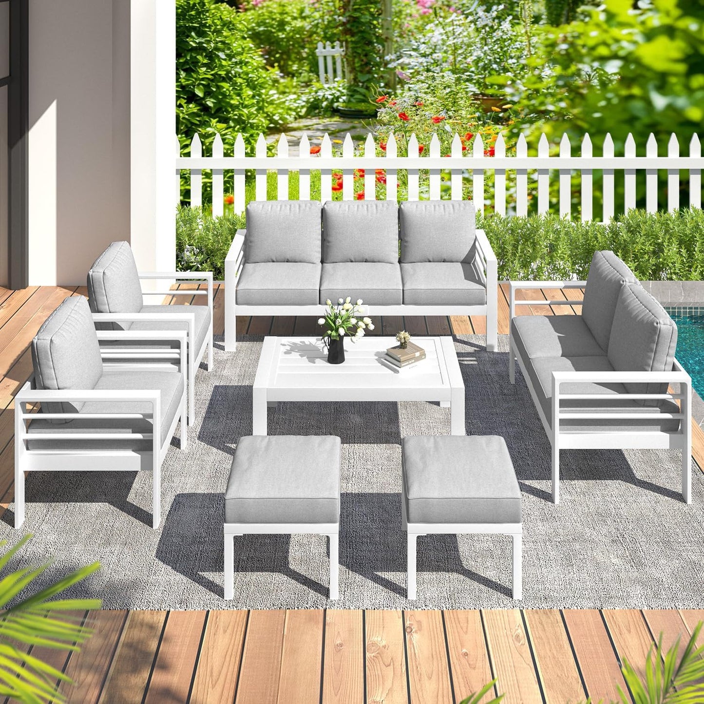 YODOLLA 7-Piece Aluminium Garden Furniture Set, 9 Seater Conversational Corner Sofa