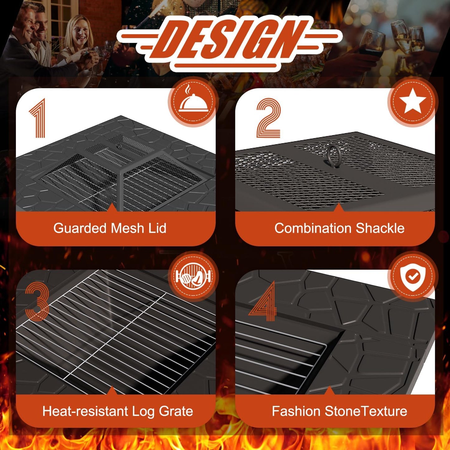 YODOLLA Square Fire Pit Table, Metal Fire Pits for Outdoor BBQ