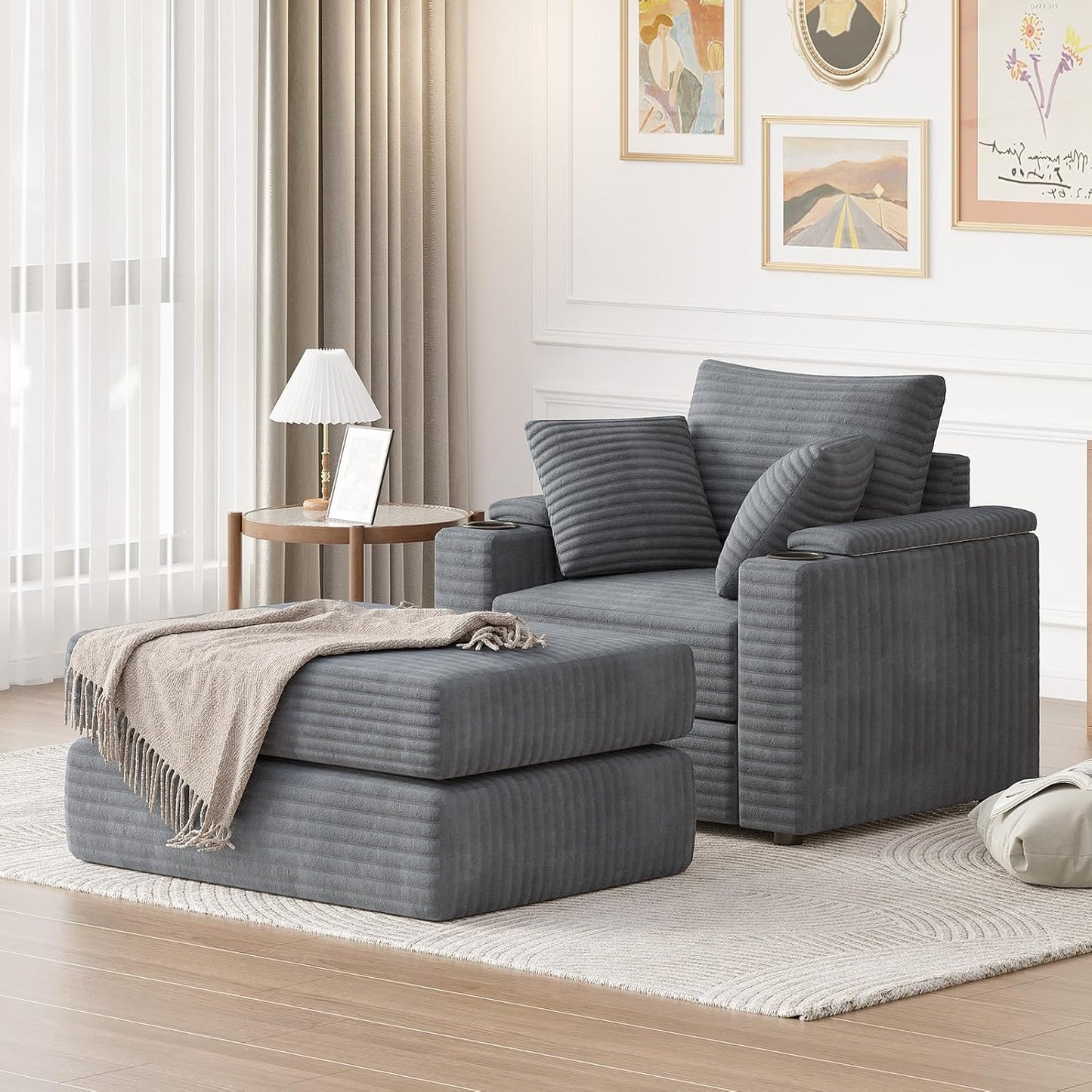 YODOLLA Single Chaise lounge Sofa, Chair Bed with Ottoman, Grey