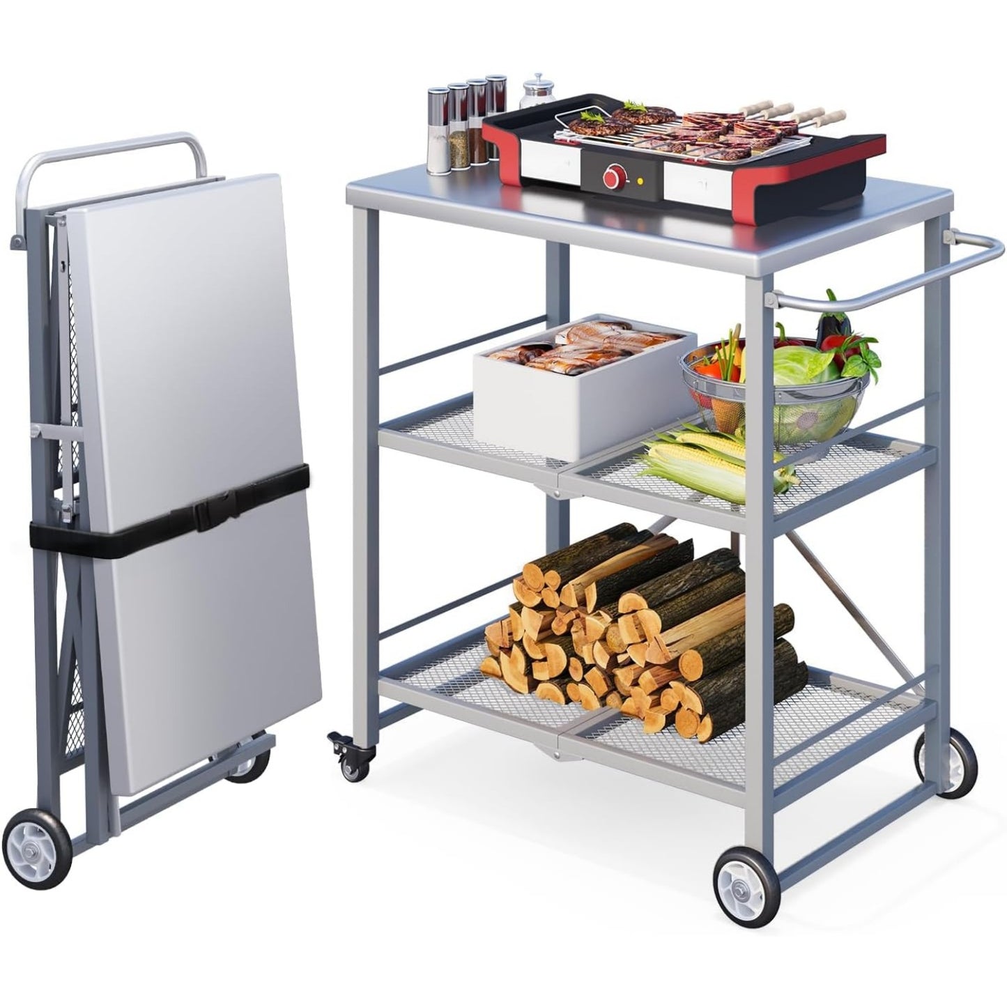 YODOLLA Foldable Stainless Pizza Oven Table,Three-Shelf Garden Food Trolley