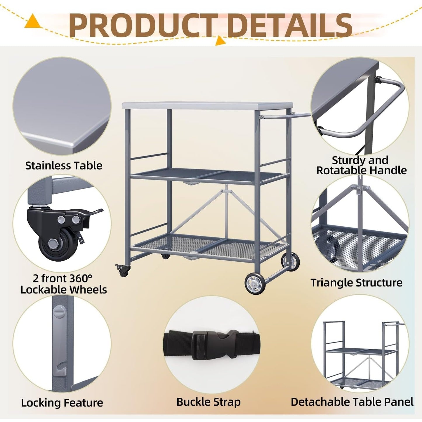 YODOLLA Foldable Stainless Pizza Oven Table,Three-Shelf Garden Food Trolley