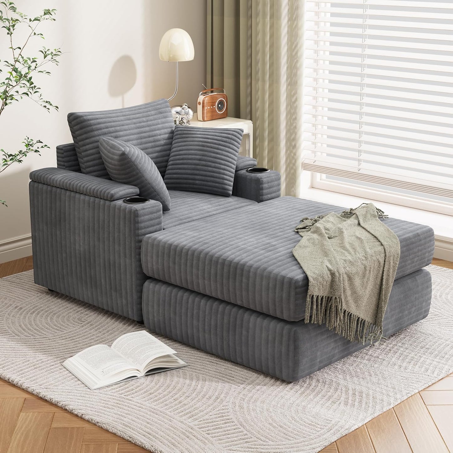 YODOLLA Single Chaise lounge Sofa, Chair Bed with Ottoman, Grey
