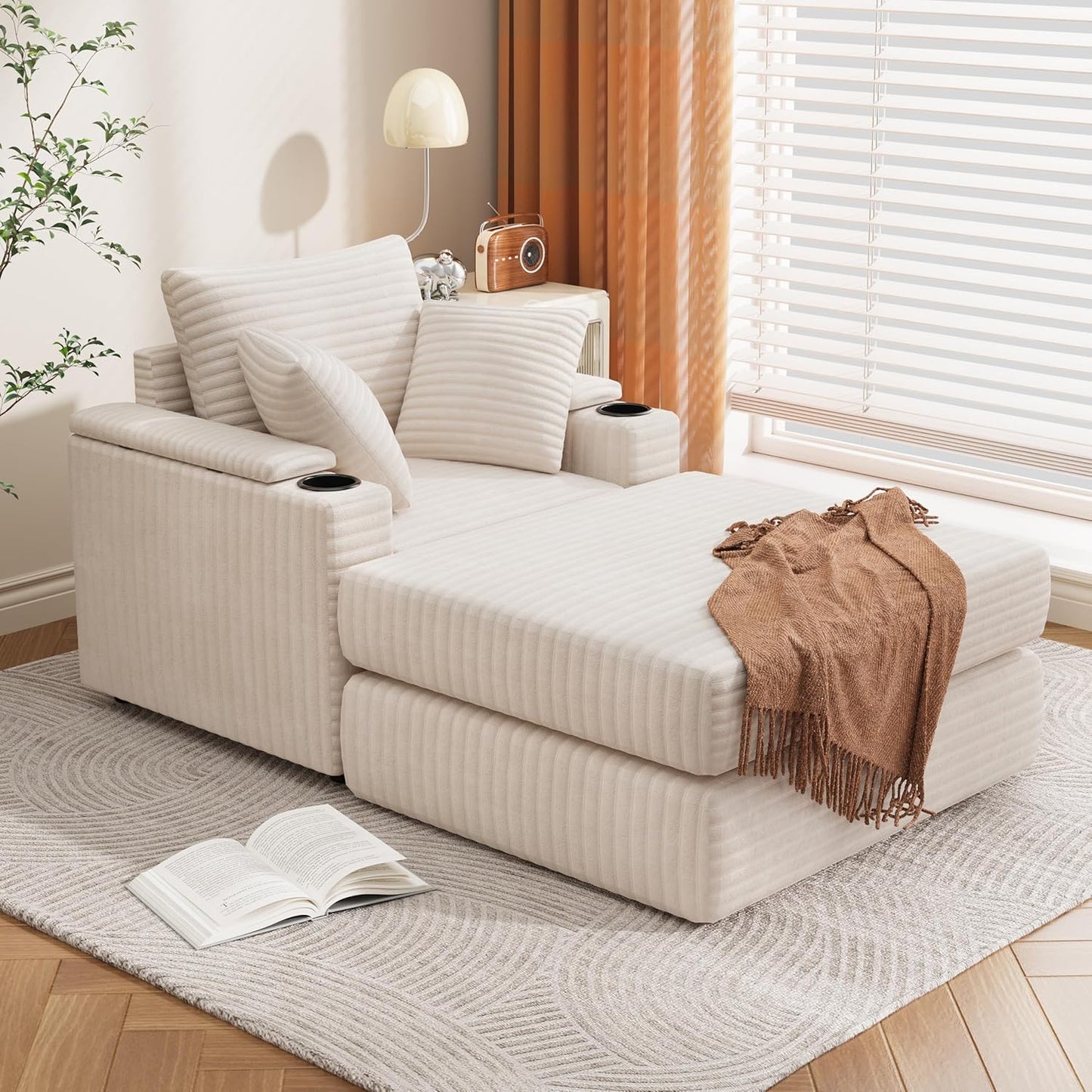 YODOLLA Single Chaise lounge Sofa, Chair Bed with Ottoman, Beige