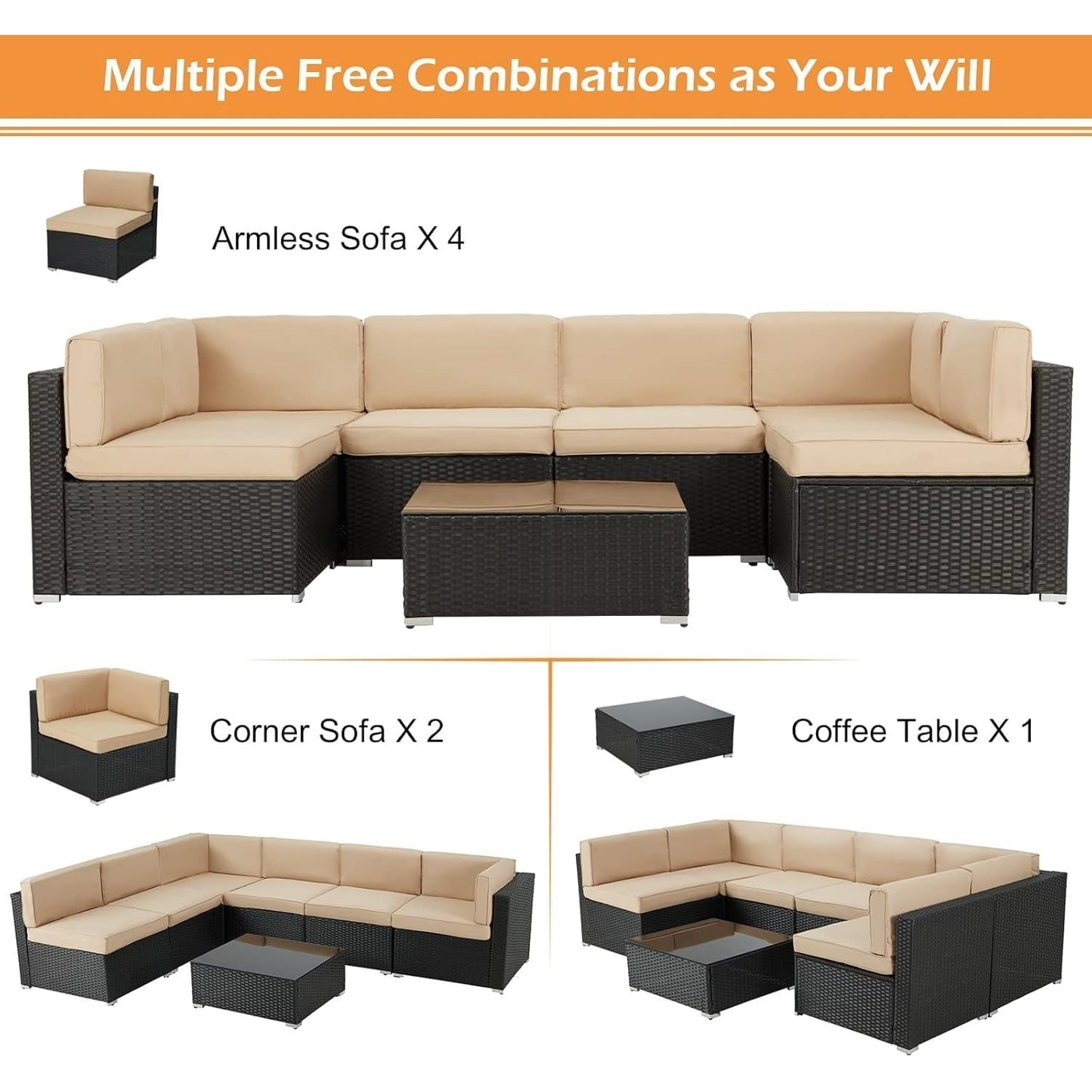 YODOLLA 7 Pieces Garden Furniture Sets, Wicker Weave Corner Sofa Set with Coffee Table