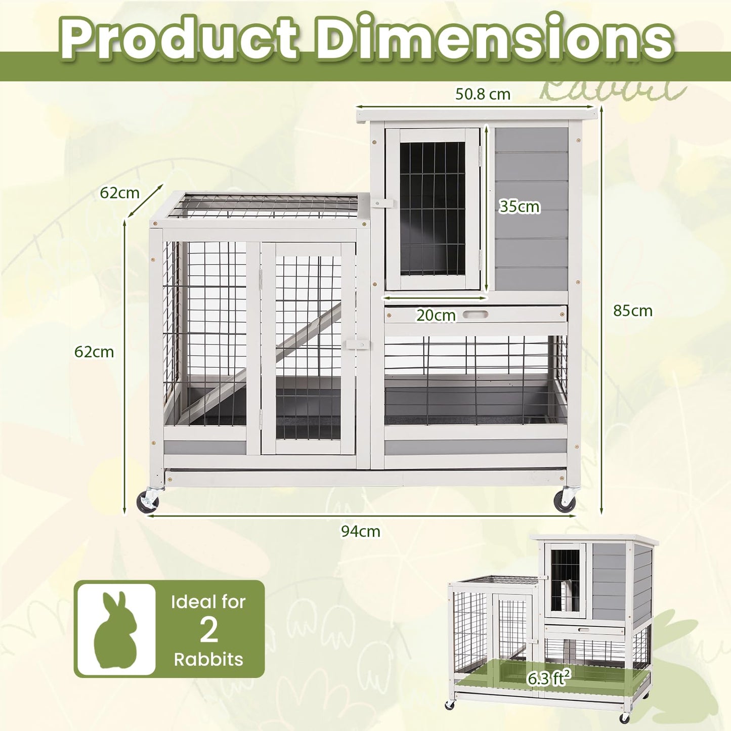 YODOLLA Rabbit Hutch 94cm Indoor & Outdoor Wooden Small Animal House