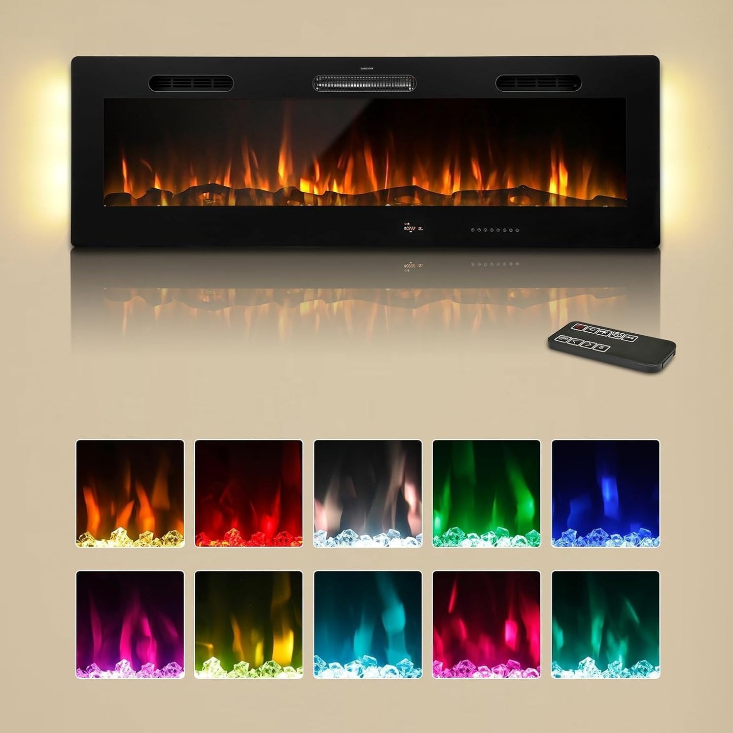YODOLLA Electric Fireplace Wall Mounted Insert with 10 Color LED Flames