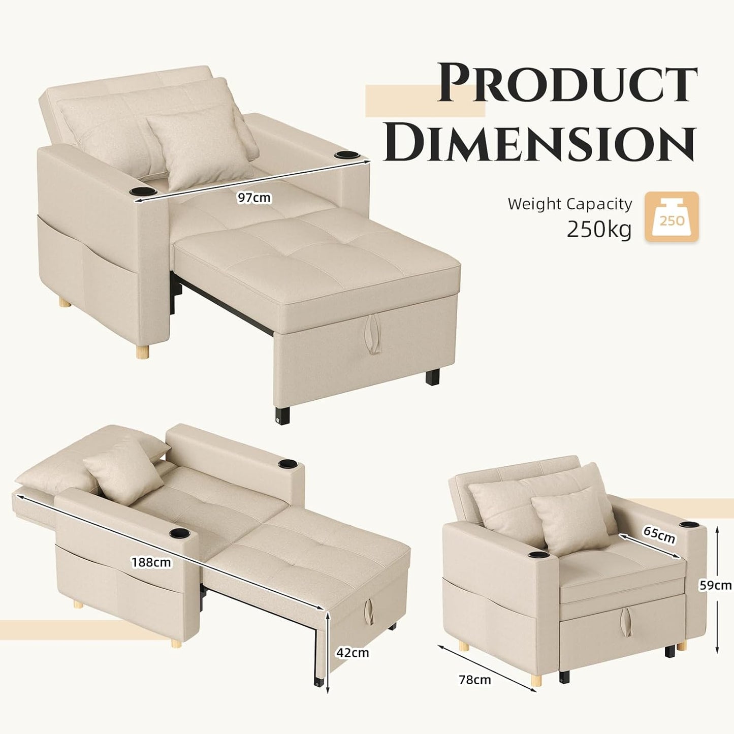 YODOLLA 3-in-1 Sleeper Sofa Bed, 192cm Convertible Single Sofa, Adjustable Armchair