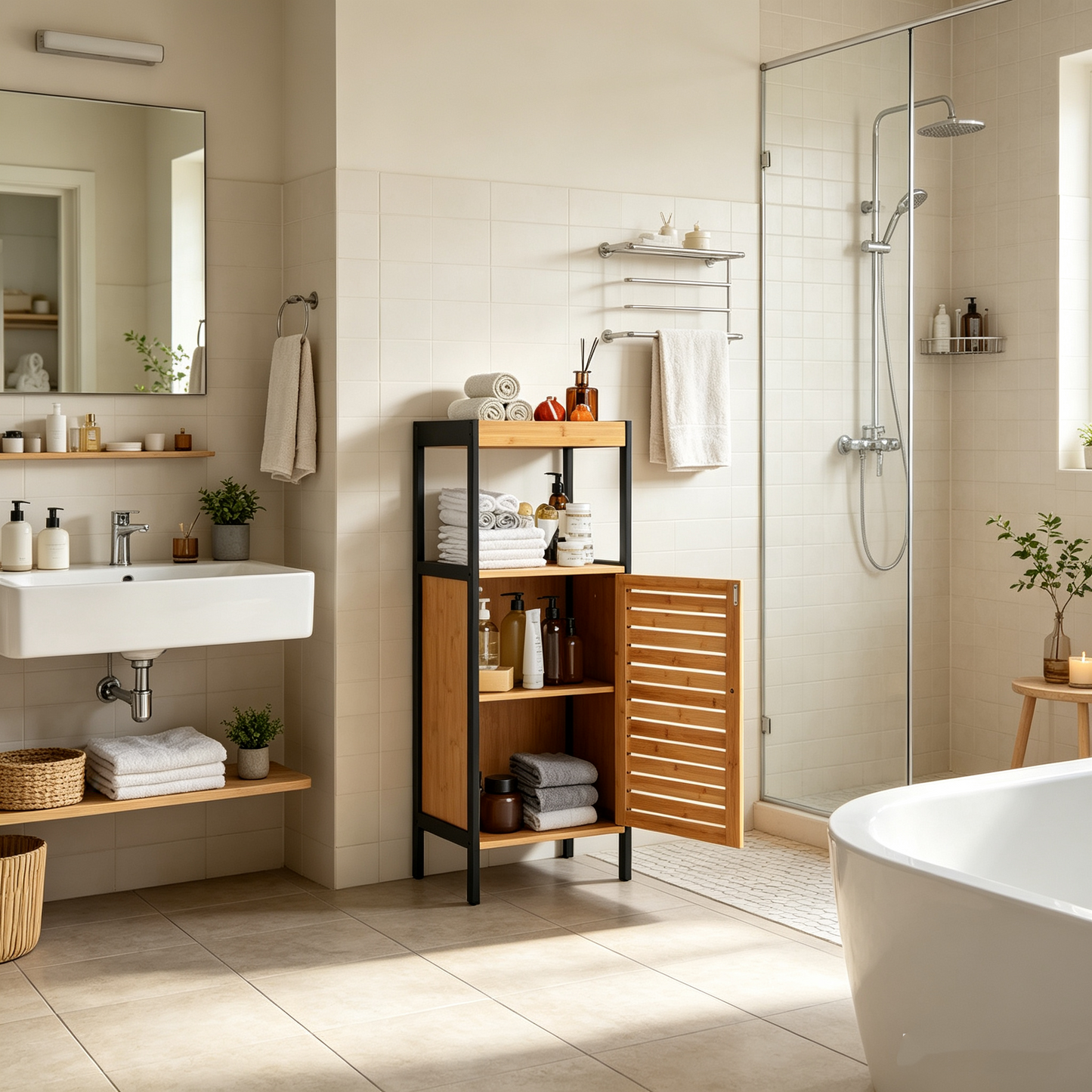 YODOLLA Bamboo Bathroom Cabinet Freestanding Storage Unit