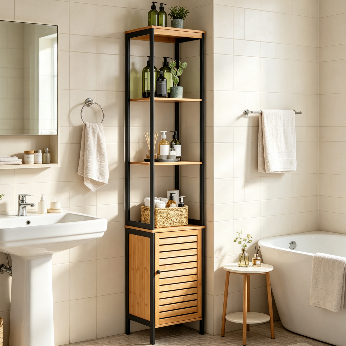 YODOLLA Tall Bamboo Bathroom Cabinet Freestanding Storage Unit