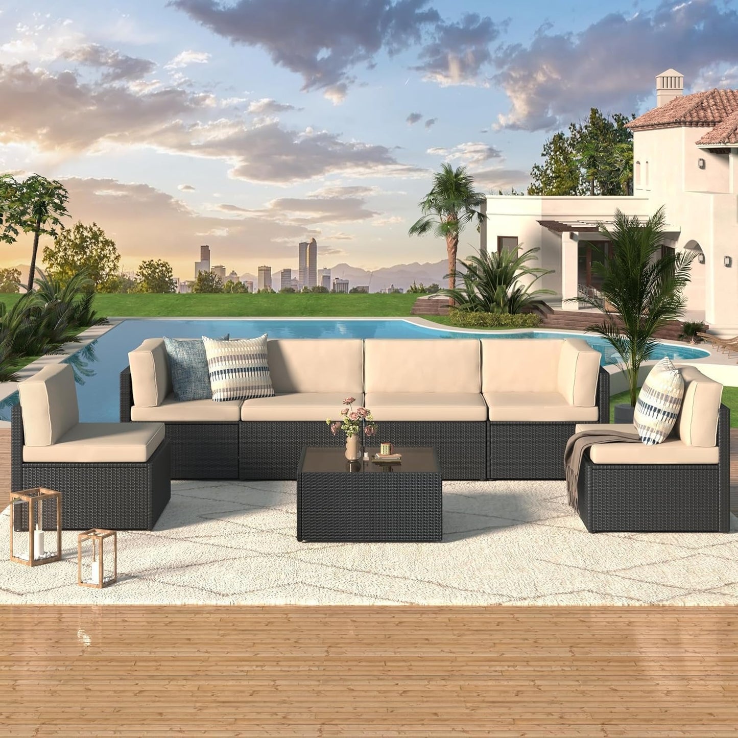 YODOLLA 7 Pieces Garden Furniture Sets, Wicker Weave Corner Sofa Set with Coffee Table