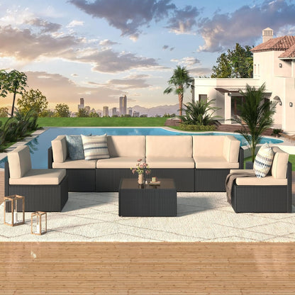 YODOLLA 7 Pieces Garden Furniture Sets, Wicker Weave Corner Sofa Set with Coffee Table