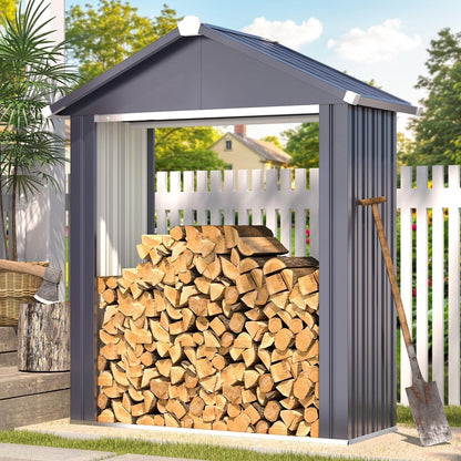 YODOLLA Heavy Duty Galvanized Steel Log Store Outdoor Firewood Shelter with Apex Roof, Grey