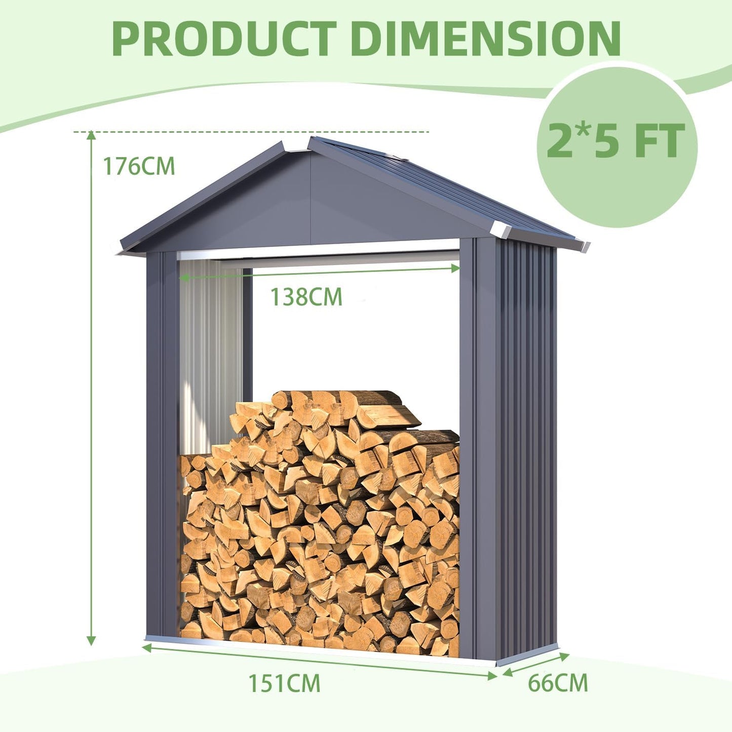 YODOLLA Heavy Duty Galvanized Steel Log Store Outdoor Firewood Shelter with Apex Roof, Grey