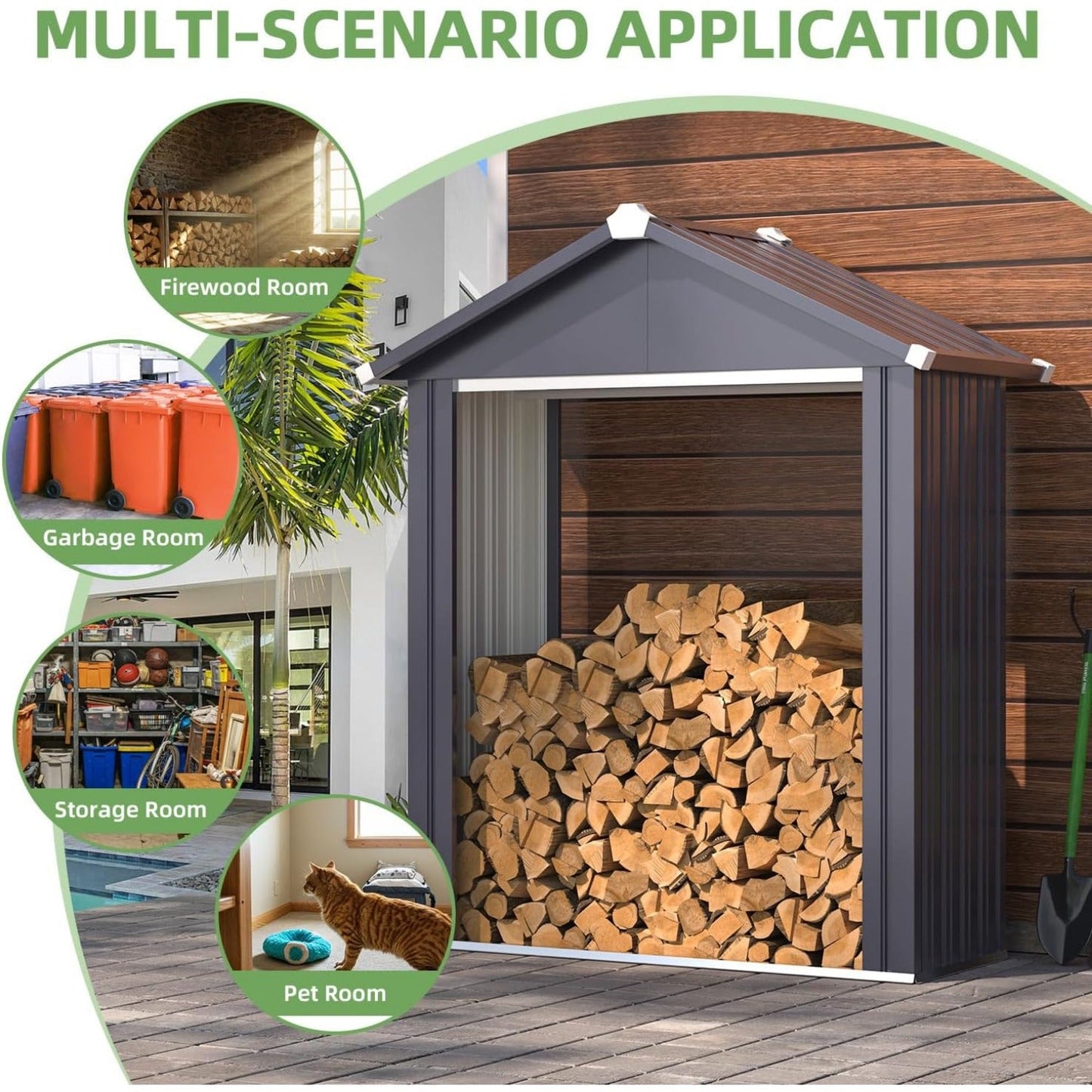 YODOLLA Heavy Duty Galvanized Steel Log Store Outdoor Firewood Shelter with Apex Roof, Grey