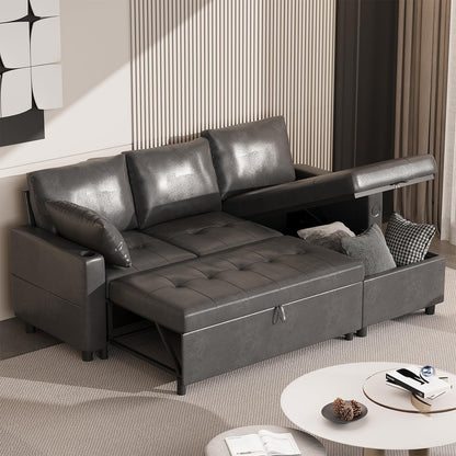 YODOLLA Faux Leather L-Shaped Sleeper Sofa, Pullout Bed, USB & Storage, Black