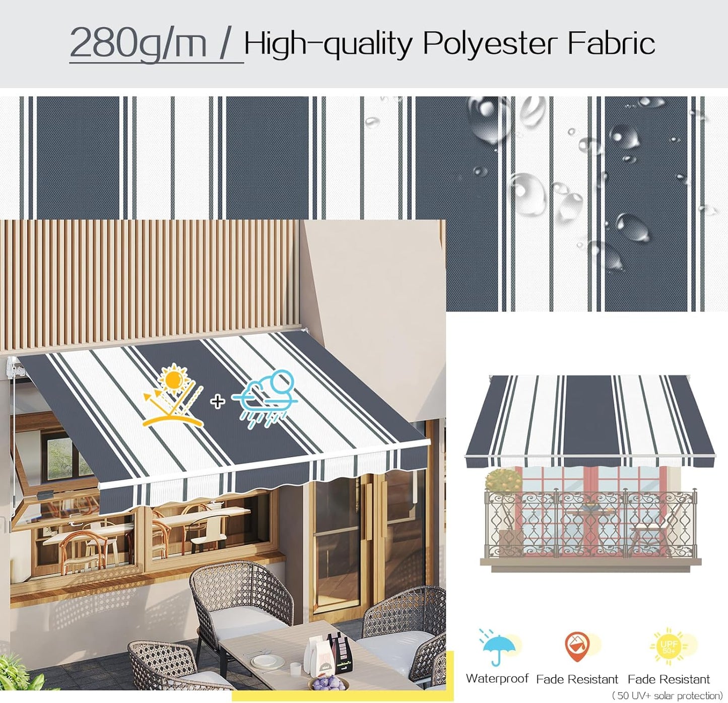 YODOLLA 396 × 299 cm Retractable Manual Awning, Folding Awning with Hand Crank Patio