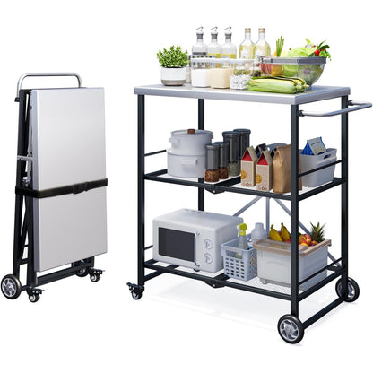 YODOLLA Foldable Stainless Pizza Oven Table,Three-Shelf Garden Food Trolley
