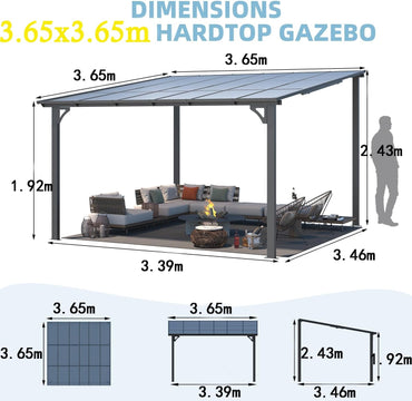 YODOLLA 3.65m x 3.65m Wall-Mounted Aluminium Awning Gazebo, Lean to Pergola