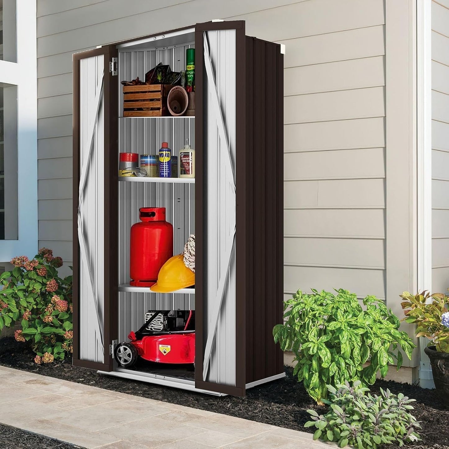 YODOLLA Outdoor Tall Garden Storage Box with 3 Adjustable Shelves