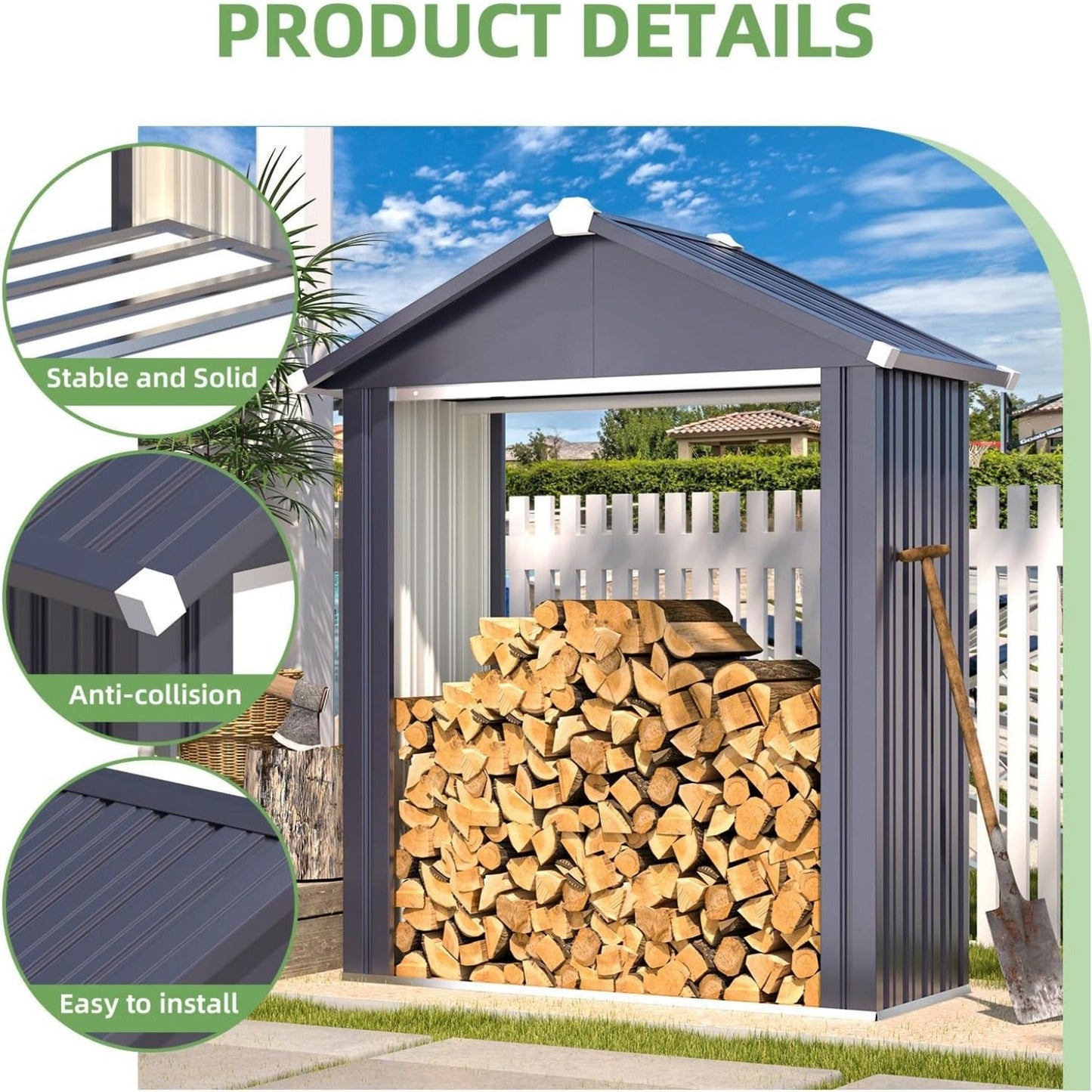 YODOLLA Heavy Duty Galvanized Steel Log Store Outdoor Firewood Shelter with Apex Roof, Grey