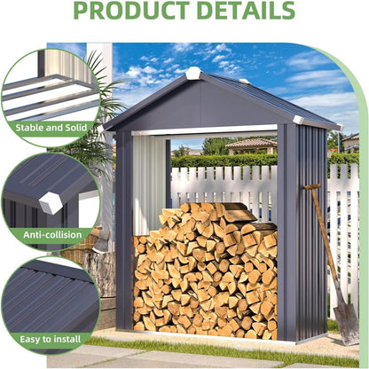 YODOLLA Heavy Duty Galvanized Steel Log Store Outdoor Firewood Shelter with Apex Roof, Grey