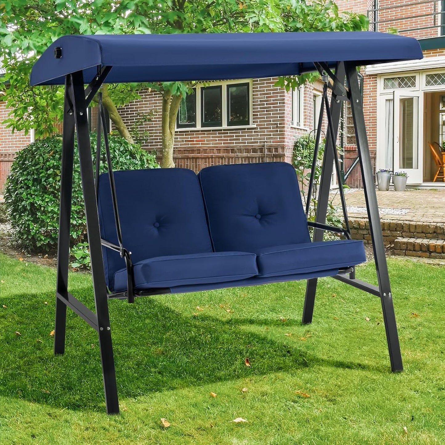 YODOLLA 2 Seater Garden Swing Chair with Adjustable Canopy & Cushions-Navy