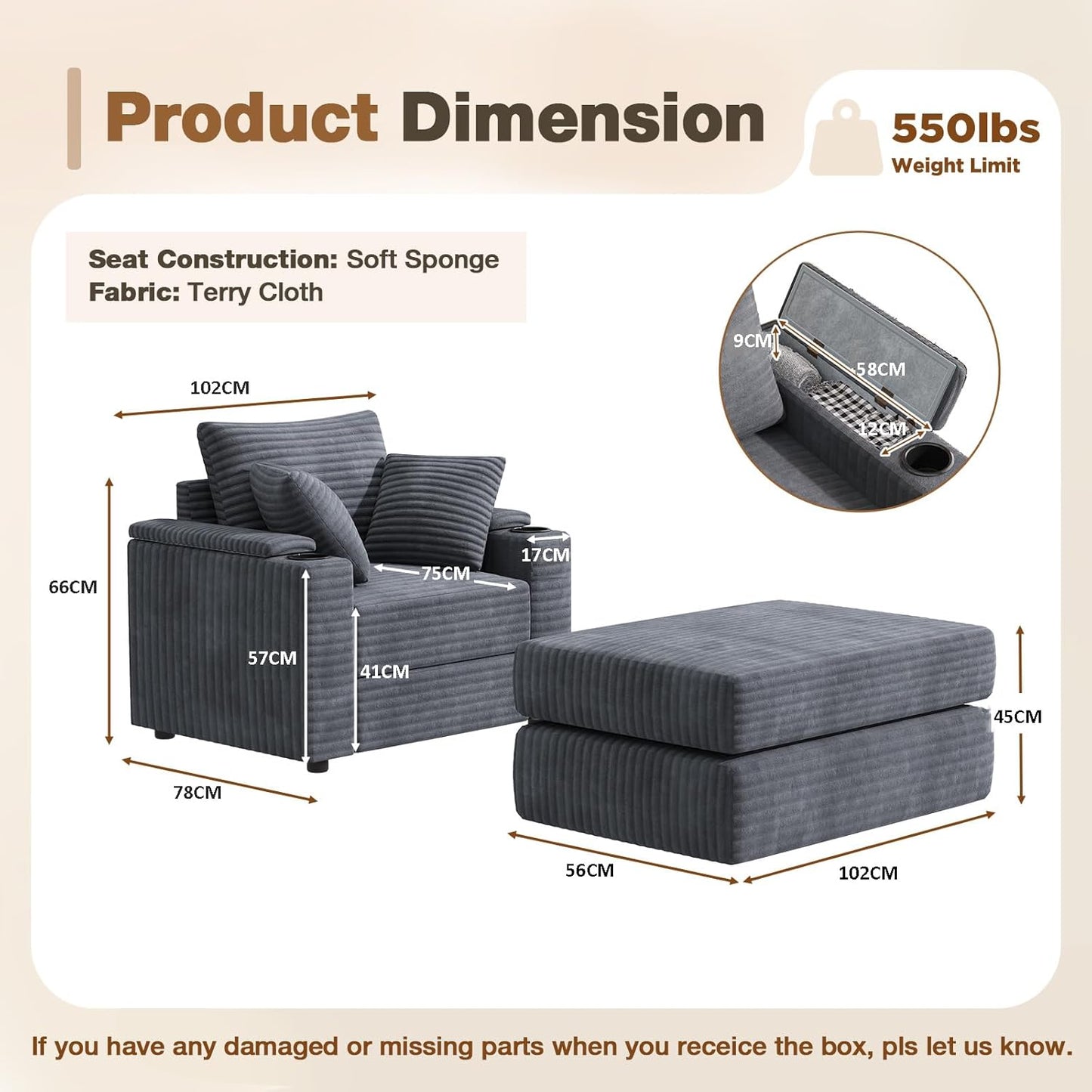 YODOLLA Single Chaise lounge Sofa, Chair Bed with Ottoman, Grey
