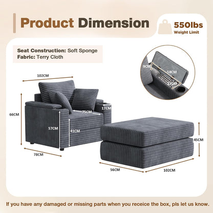 YODOLLA Single Chaise lounge Sofa, Chair Bed with Ottoman, Grey