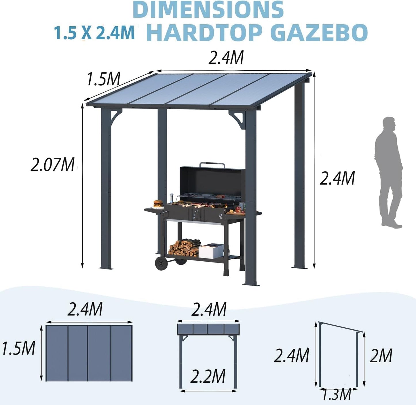 YODOLLA 2.4x1.5m Aluminium Lean-to Gazebo Wall-Mounted Hardtop Roof Pergola, White