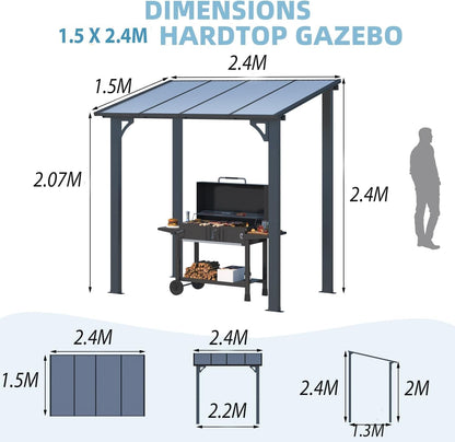 YODOLLA 2.4x1.5m Aluminium Lean-to Gazebo Wall-Mounted Hardtop Roof Pergola, White