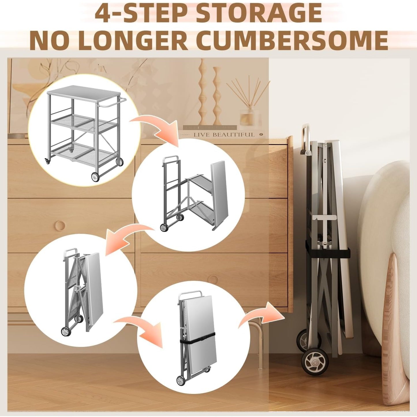 YODOLLA Foldable Stainless Pizza Oven Table,Three-Shelf Garden Food Trolley