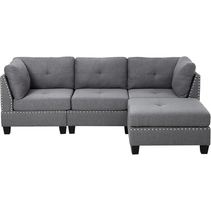 YODOLLA 225cm L-Shaped Corner Sofa, 3-4 Seater Modern Sofa Couch with Footstool