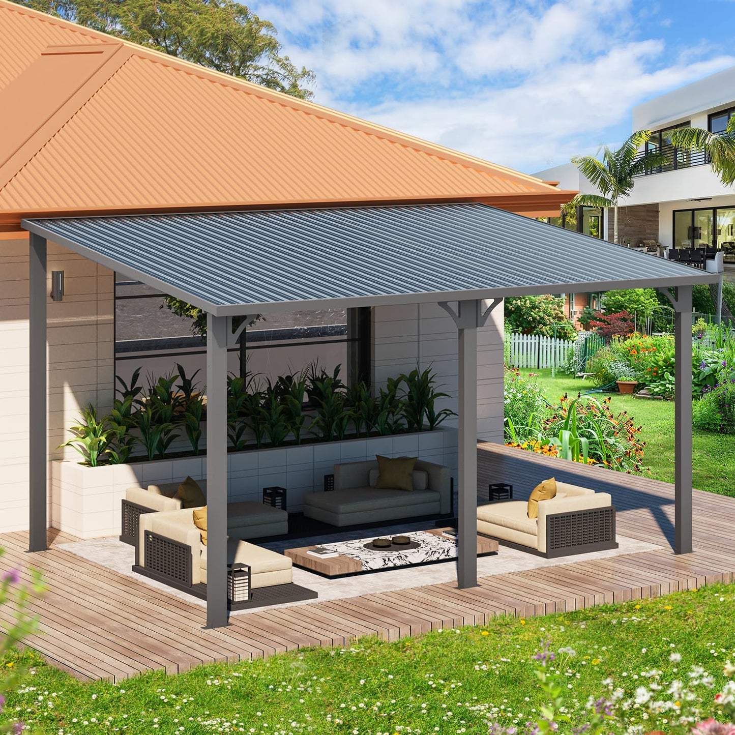 YODOLLA Hardtop Gazebo, Wall-Mounted Lean to Metal Awnings Pergola