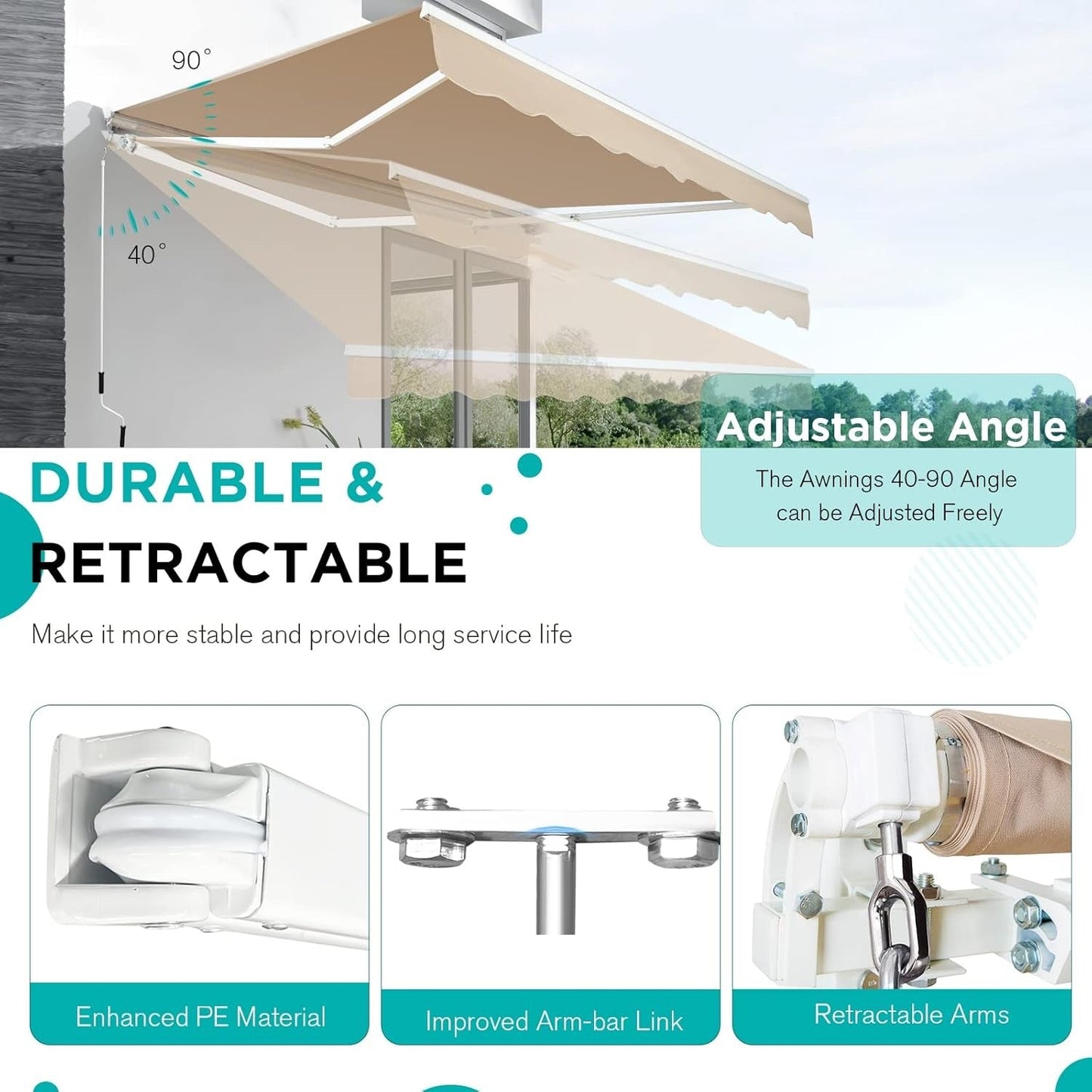 YODOLLA 250×198cm Manual Retractable Awning Sun Shade