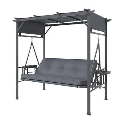 YODOLLA 2-in-1 Convertible Porch Swing Bed 3 Seat, Outdoor Patio Metal Pergola Swing